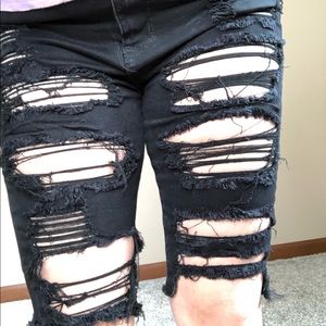 Black Destroyed High Waist Denim Bermuda Shorts